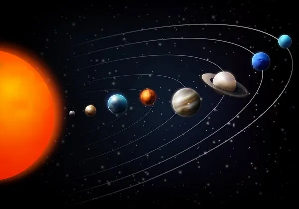 На звездном фоне изображены планеты солнечной системы