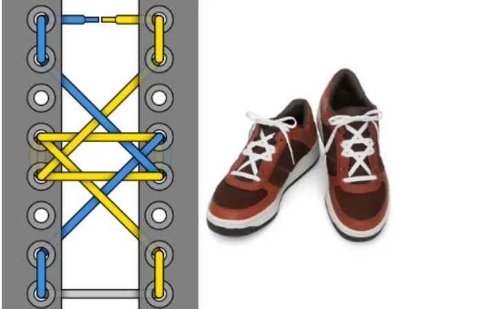 Шнуровка кед 6. Красиво зашнуровать шнурки на кроссовках 5 дырок. Шнуровка кроссовок пентаграмма с 5 дырками. Типы шнурования шнурков на 6 дырок. Шнуровка кед 6 дырок пентаграмма.
