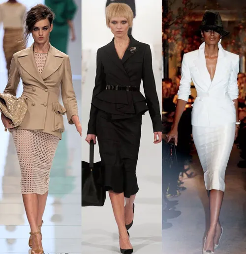 Три образа моделей в делом стиле в костюмах с юбками карандаш ниже колена