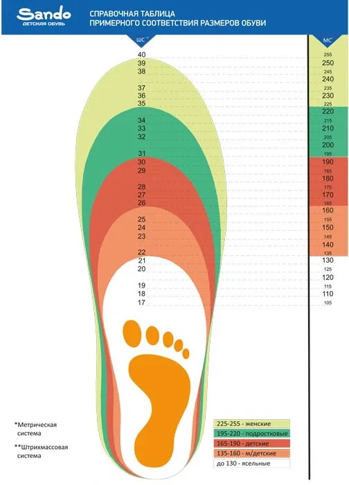 Таблица размеров обуви (след)