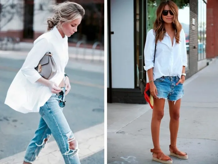 Сочетание белых рубашек и джинсового низа. \ Фото: womans.ws.