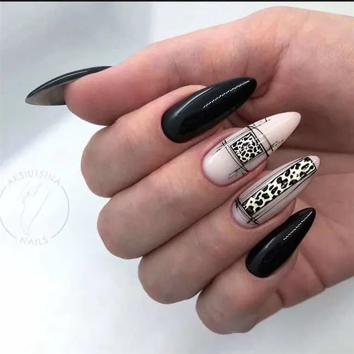 Черно-нюдовый маникюр с леопардовым дизайном на острых ногтях
