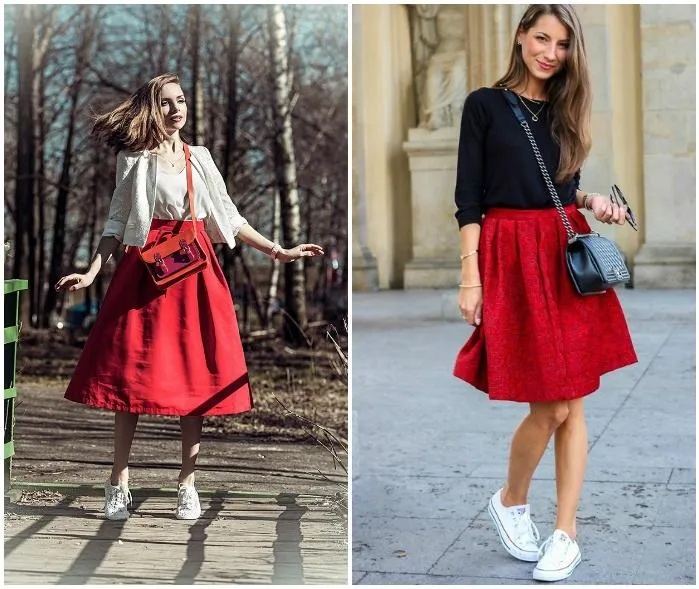 Сочетание красной юбки с белыми кедами
