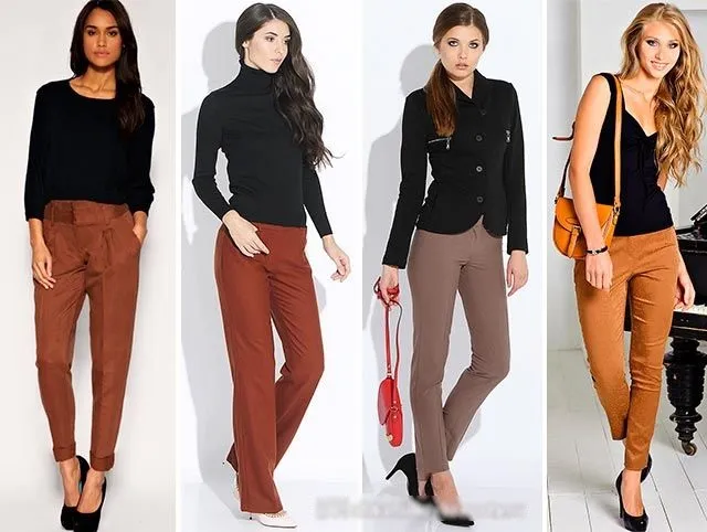 С чем носить коричневые брюки женщинам, мужчинам. Фото: вельветовые, кожаные, в клетку, с принтом, стрелками, узкие и широкие, классические