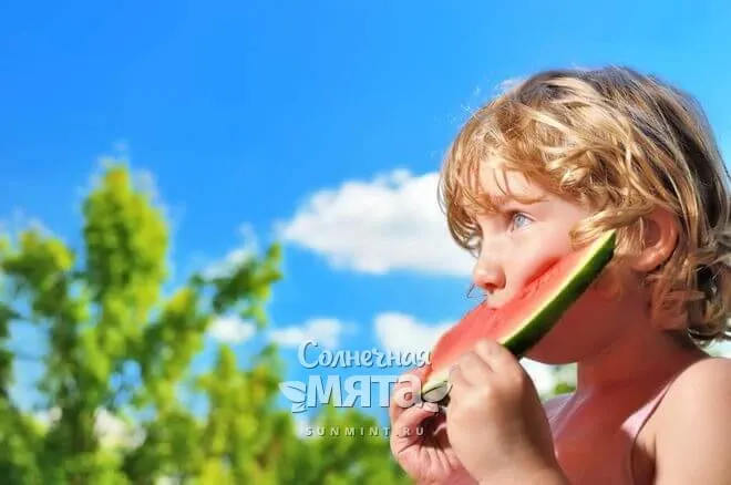 Мальчик ест арбуз на природе, фото