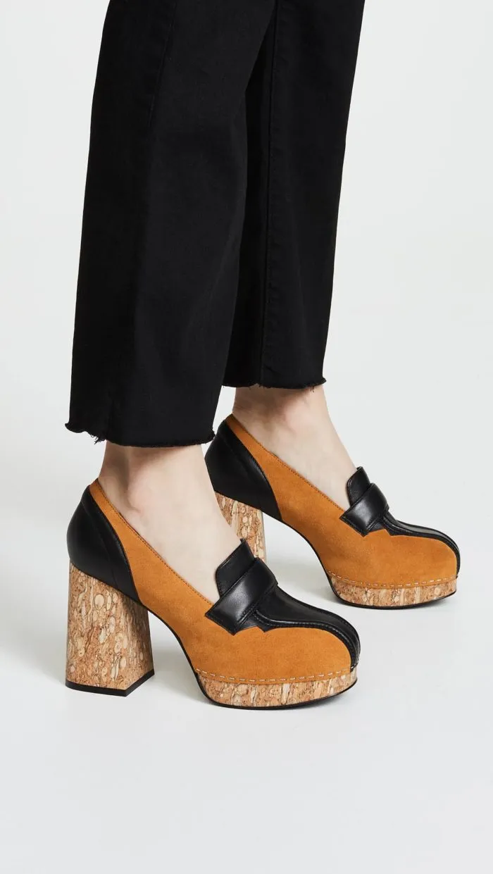 женская обувь весна лето: двухцветные туфли на толстом каблуке