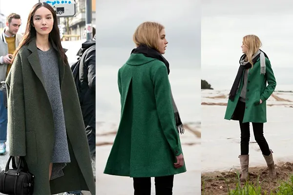 Зеленое пальто с серыми вещами