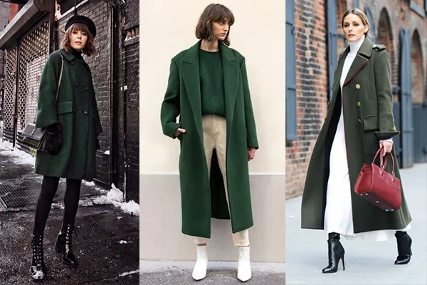 Образы с зеленым пальто и черными, белыми вещами