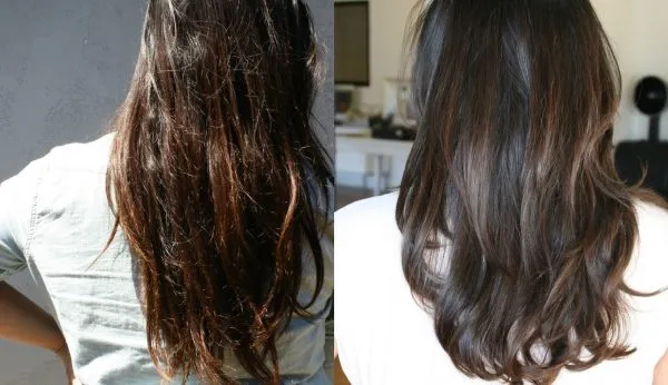 Волосы девушки до и после цветного экранирования